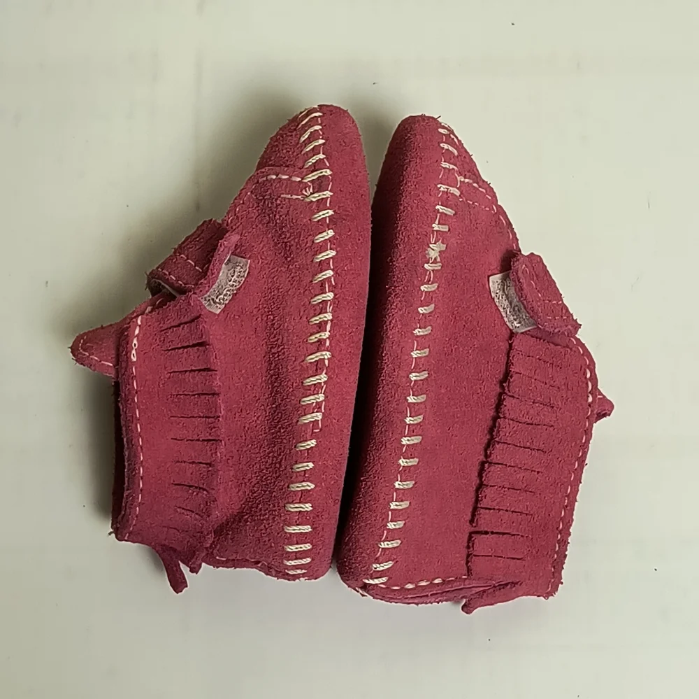 Minnetonka Pink Moccasins with Fringe and Contrast Stitching Baby Size 2